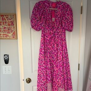 New with tags Juney Puff Sleeve Faux Wrap Midi Dress